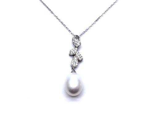 Silver Pearl & CZ Leaf Pendant & Chain