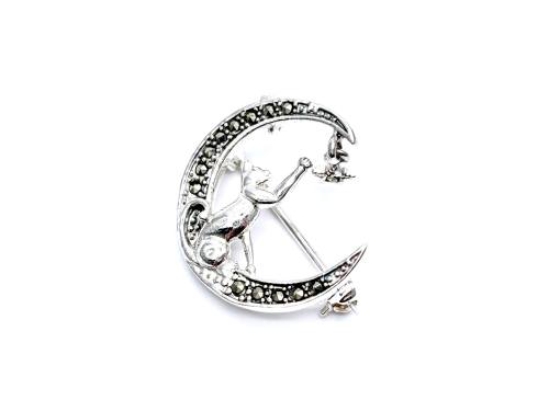 Silver Marcasite Cat In Moon Brooch