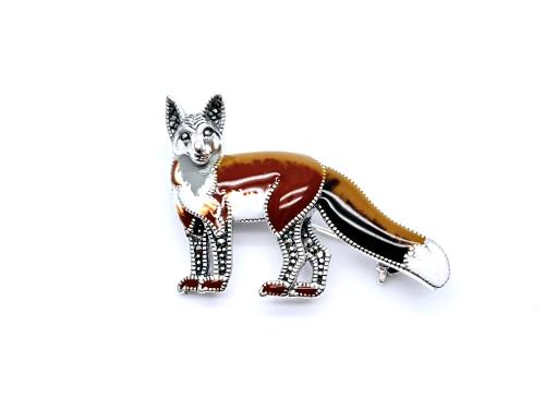 Silver Marcasite & Enamel Fox Pendant Brooch