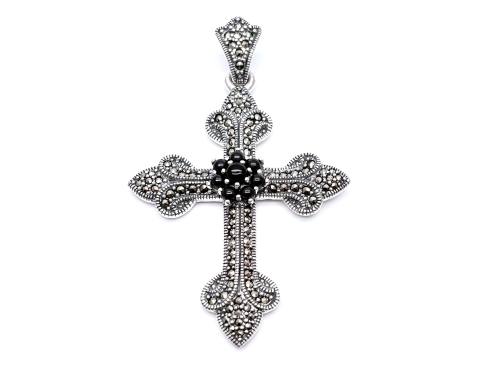 Silver Onyx & Marcasite Cross Pendant