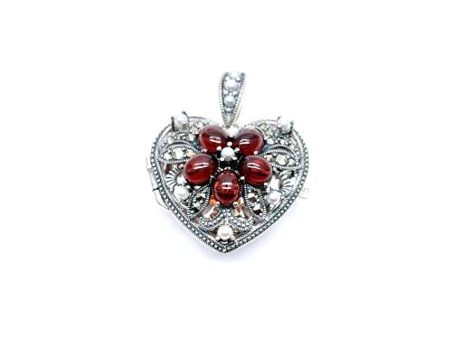 Silver Garnet Pearl & Marcasite Heart Locket