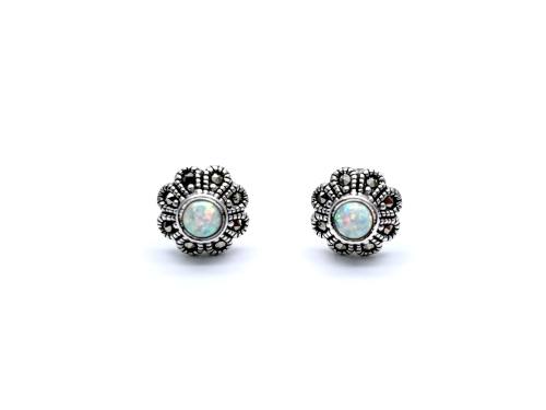 Silver Created Opal & Marcasite Flower Earrings