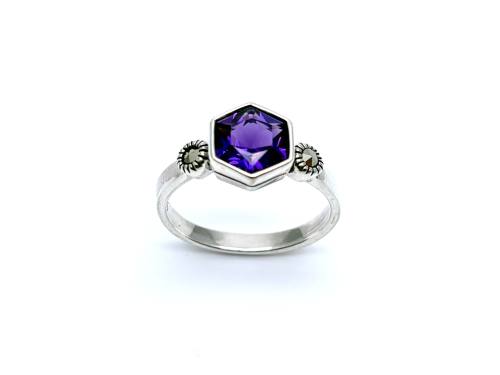 Silver Amethyst & Marcasite Geometric Ring