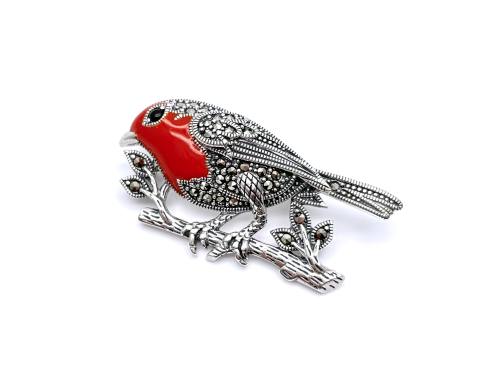 Silver Marcasite & Enamel Robin Brooch Pendant