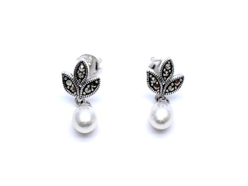 Silver Pearl & Marcasite Drop Stud Earrings
