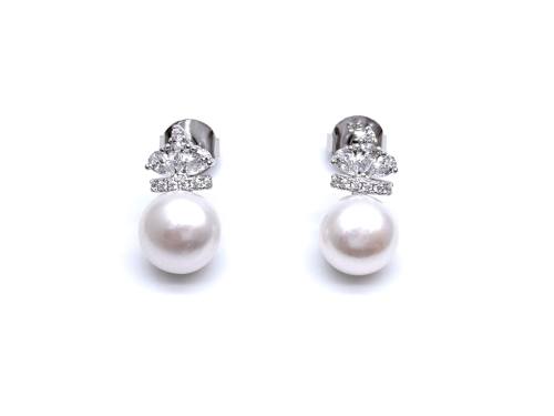 Silver Pearl & CZ Crown Stud Earrings