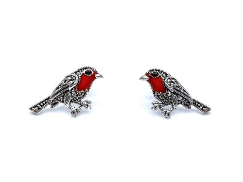 Silver Marcasite & Enamel Robin Stud Earrings