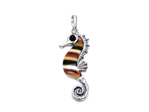 Silver Amber Striped Seahorse Pendant