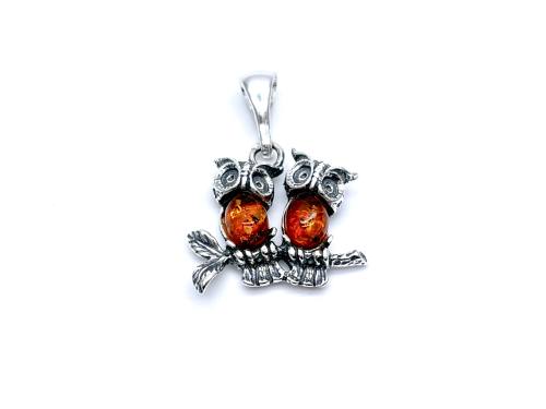 Silver Amber Owls On Branch Pendant