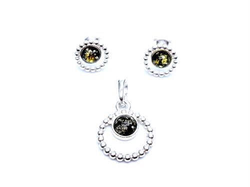 Silver Green Amber Circle Pendant & Stud Earrings