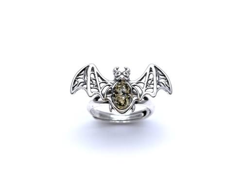 Silver Green Amber Bat Ring