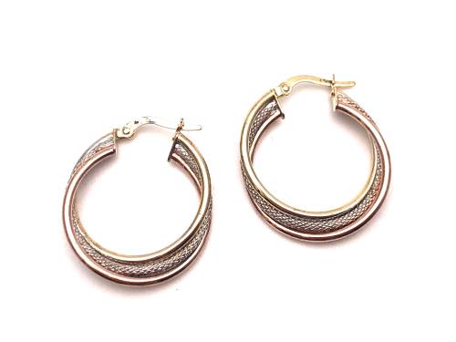 Secondhad 9ct 3 Colour Textured Hoop Earrings