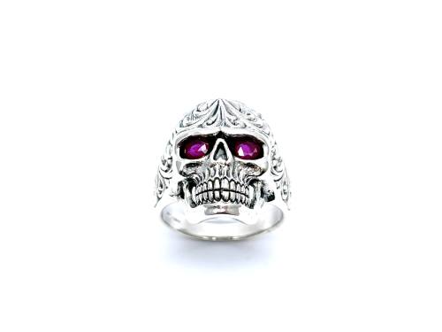 Silver Ornate Red Stone Skull Ring