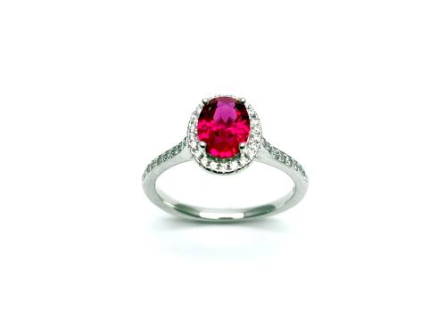 Silver Red & White CZ Oval Halo Ring
