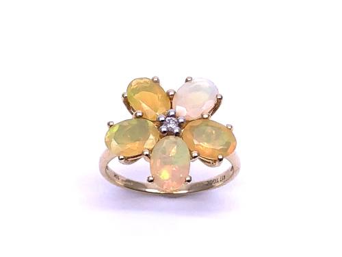 9ct Opal & Diamond Flower Cluster Ring
