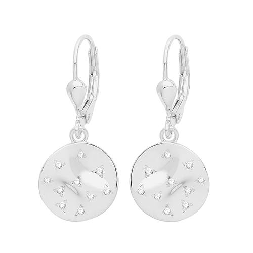 Silver CZ Set Round Disc Drop Earrings