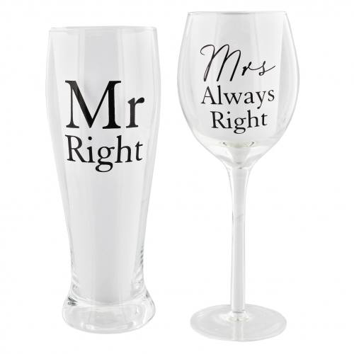 Wine & Pint Glass Set - Mr Right Mrs Always Right