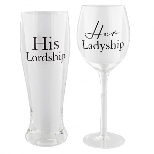 Wine & Pint Glass Set - His Lordship Her Ladyship
